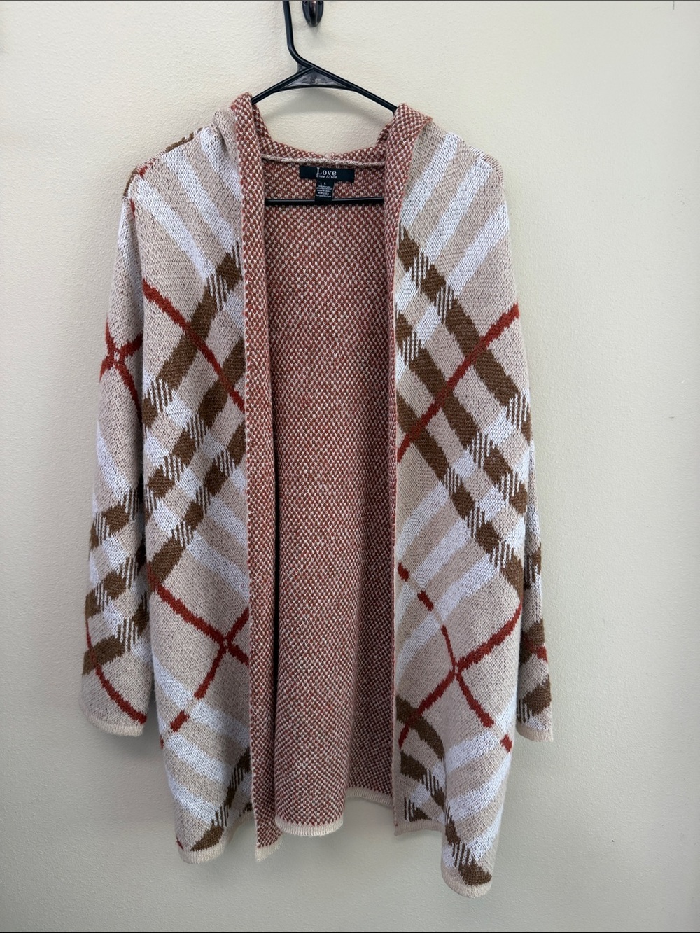 Love Ever After Open-Front Hooded Cardigan Sweater - Cream, Brown & Rust Plaid L